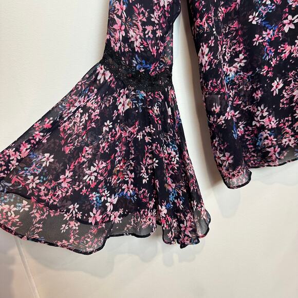 MISA Divya Floral Blouse Bell Sleeves Retro Lace Sheer Black Pink Purple XL - Picture 7 of 13